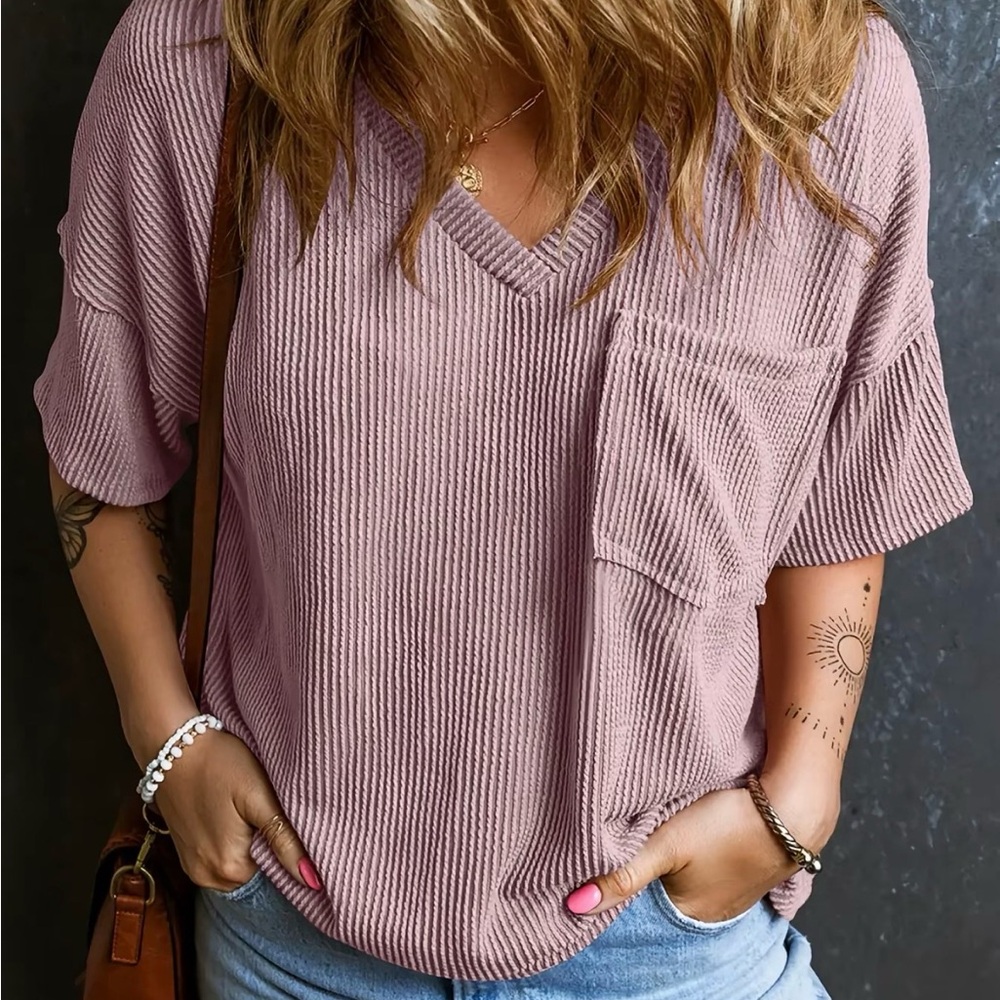 Women’s Ribbed V-Neck Pocket Top - Bean Paste Pink